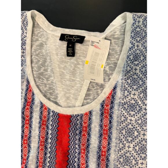 Jessica Simpson Women's Sleeveless Geometric Print Boho Tank Top M Blue White - Picture 2 of 7